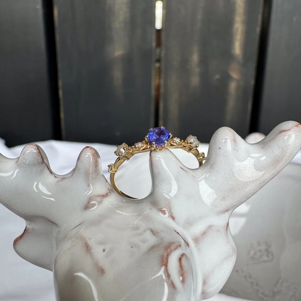 14KYG Tanzanite Diamonds Pearls Ring